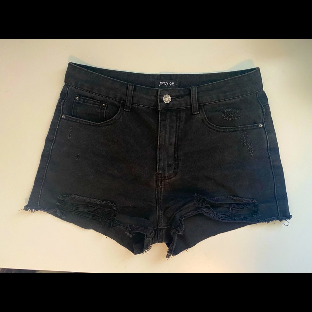 NASTY GAL black denim distressed shorts
